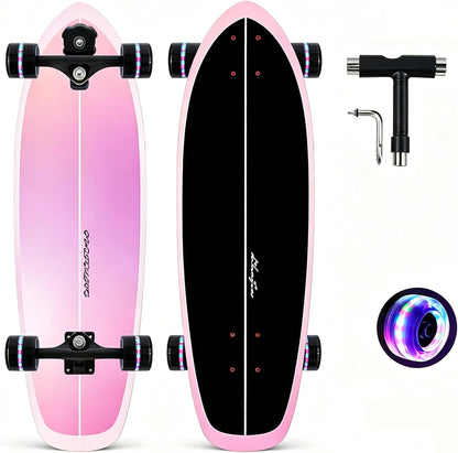 Surf Skateboards 30" x 9.5" Youth Surfskate Cruiser Surf-Like for Beginners Double Kick Deck Girls or Boys Kids Complete Skateboard