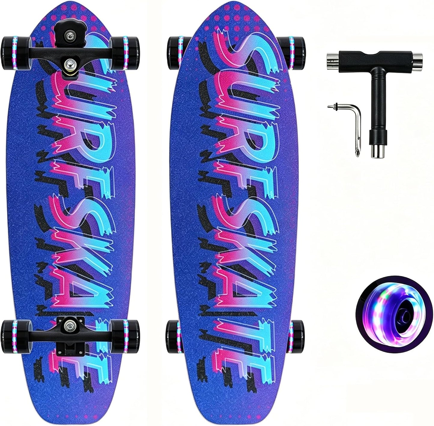 Surf Skateboards 30" x 9.5" Youth Surfskate Cruiser Surf-Like for Beginners Double Kick Deck Girls or Boys Kids Complete Skateboard