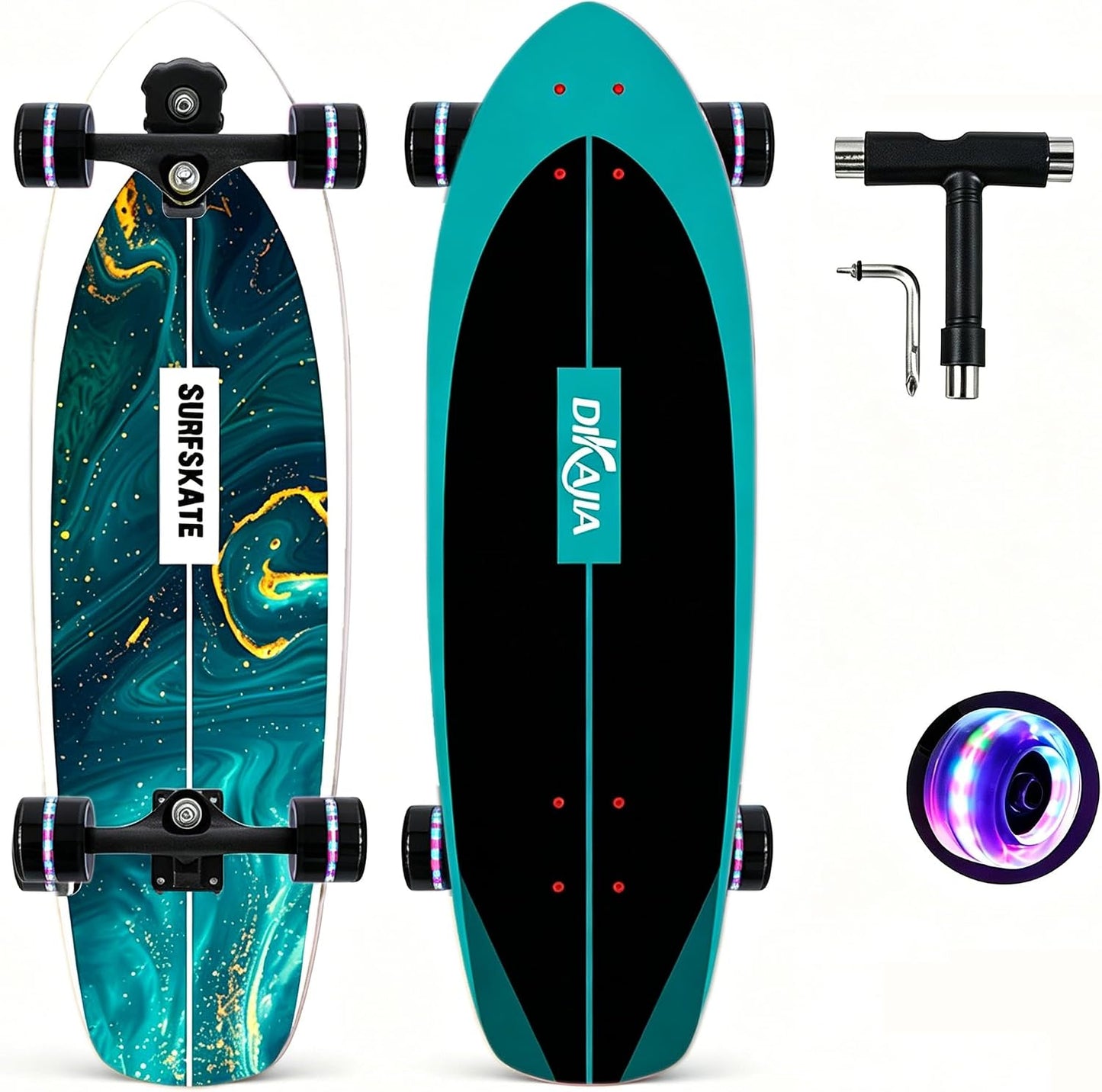 Surf Skateboards 30" x 9.5" Youth Surfskate Cruiser Surf-Like for Beginners Double Kick Deck Girls or Boys Kids Complete Skateboard