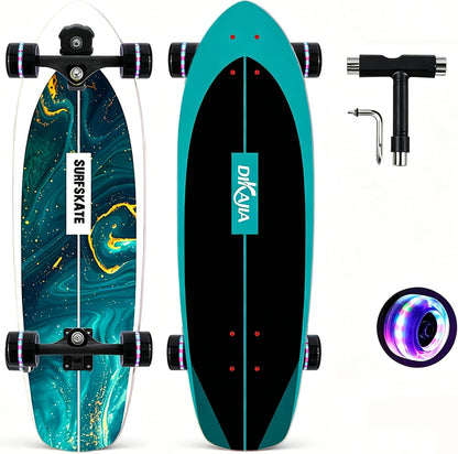 Surf Skateboards 30" x 9.5" Youth Surfskate Cruiser Surf-Like for Beginners Double Kick Deck Girls or Boys Kids Complete Skateboard