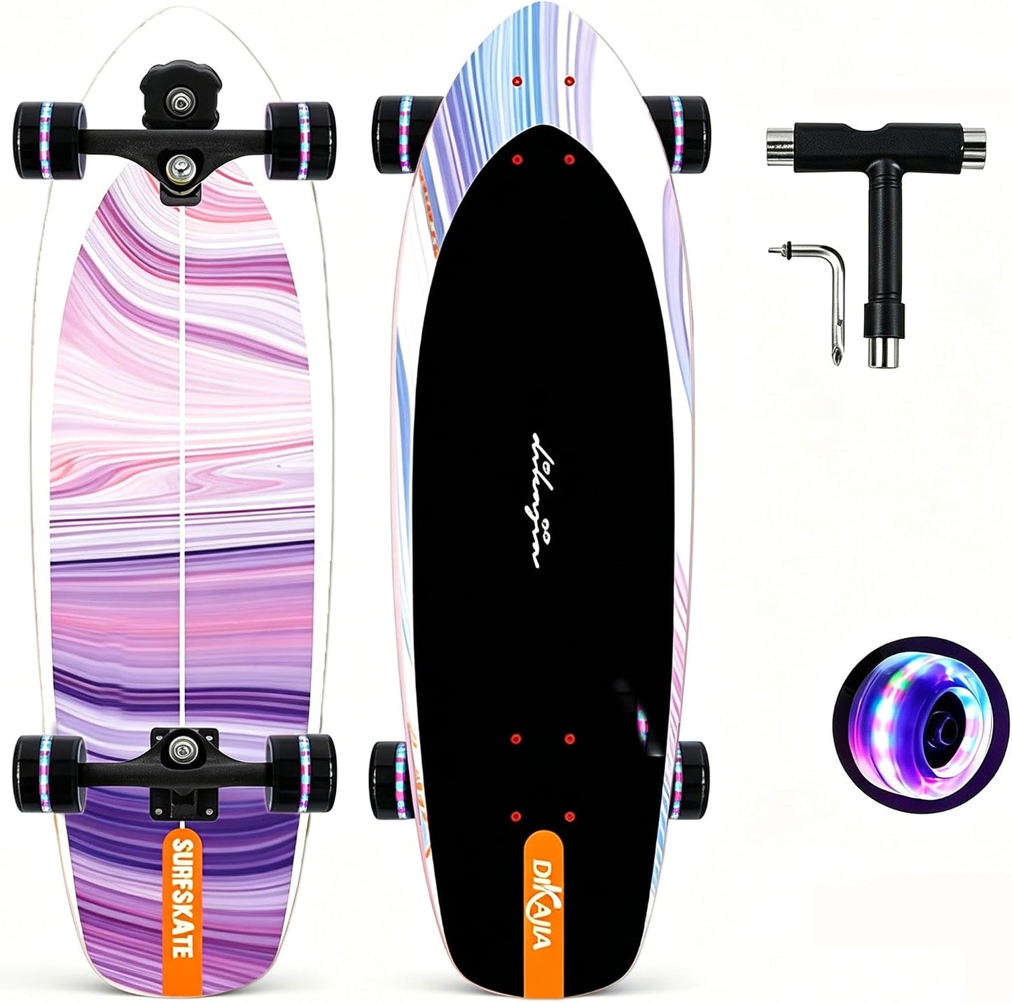 Surf Skateboards 30" x 9.5" Youth Surfskate Cruiser Surf-Like for Beginners Double Kick Deck Girls or Boys Kids Complete Skateboard