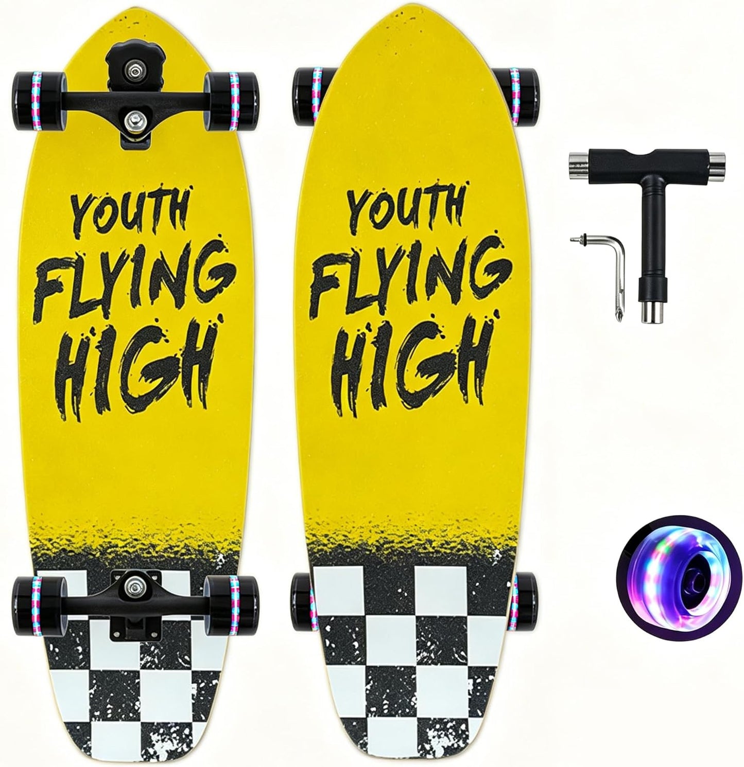 Surf Skateboards 30" x 9.5" Youth Surfskate Cruiser Surf-Like for Beginners Double Kick Deck Girls or Boys Kids Complete Skateboard