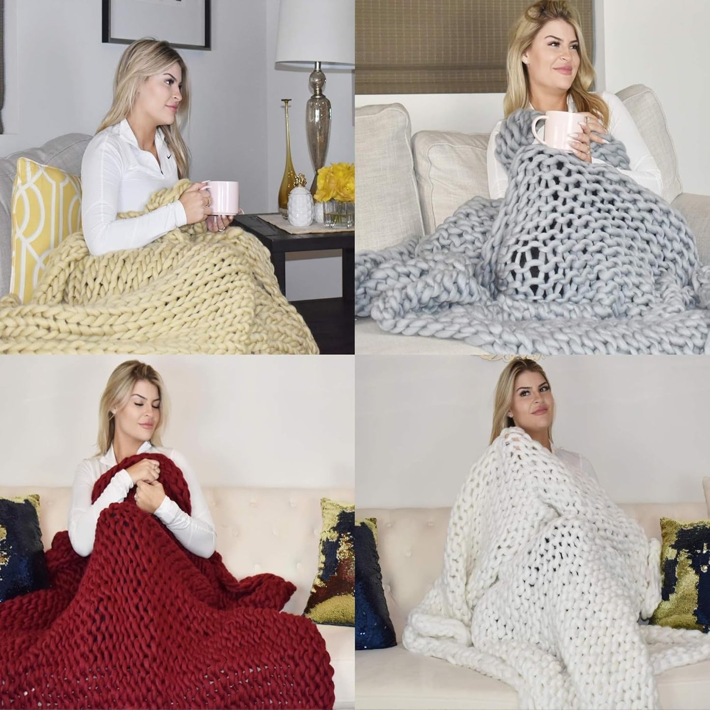 Chunky Knit Blanket (50 x 60 Inches) Warm Soft Cozy for Lounge Sofa & Bedroom, Handmade Knitted Yarn Throw Blanket (Yellow, 1)