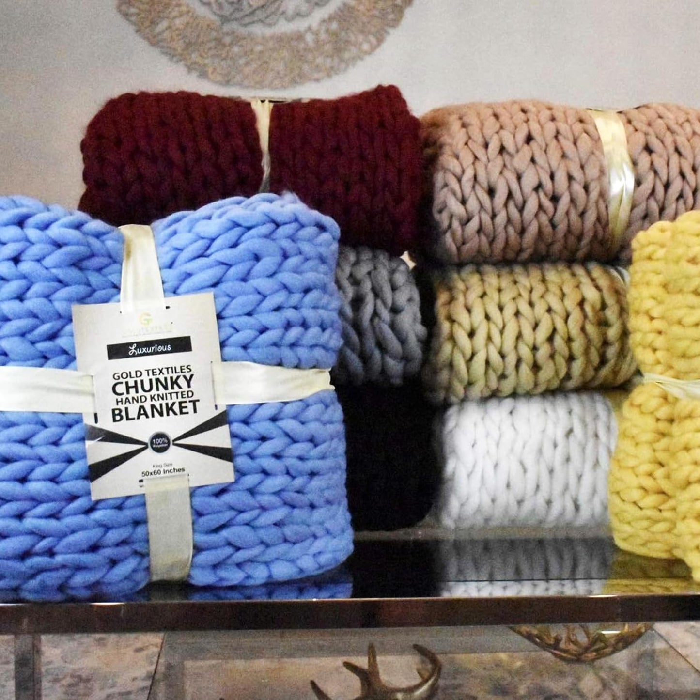 Chunky Knit Blanket (50 x 60 Inches) Warm Soft Cozy for Lounge Sofa & Bedroom, Handmade Knitted Yarn Throw Blanket (Yellow, 1)