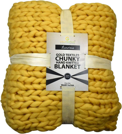 Chunky Knit Blanket (50 x 60 Inches) Warm Soft Cozy for Lounge Sofa & Bedroom, Handmade Knitted Yarn Throw Blanket (Yellow, 1)
