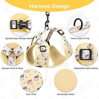 Dog Harness and Leash Collar Set with Dog Poop Bag Holder and Bandanas, Escape Proof Adjustable Puppy Cat Vest with Soft Mesh Padded, Pet Supplies for Small Medium Large Dogs Kitten(Yellow Puppy,XS)