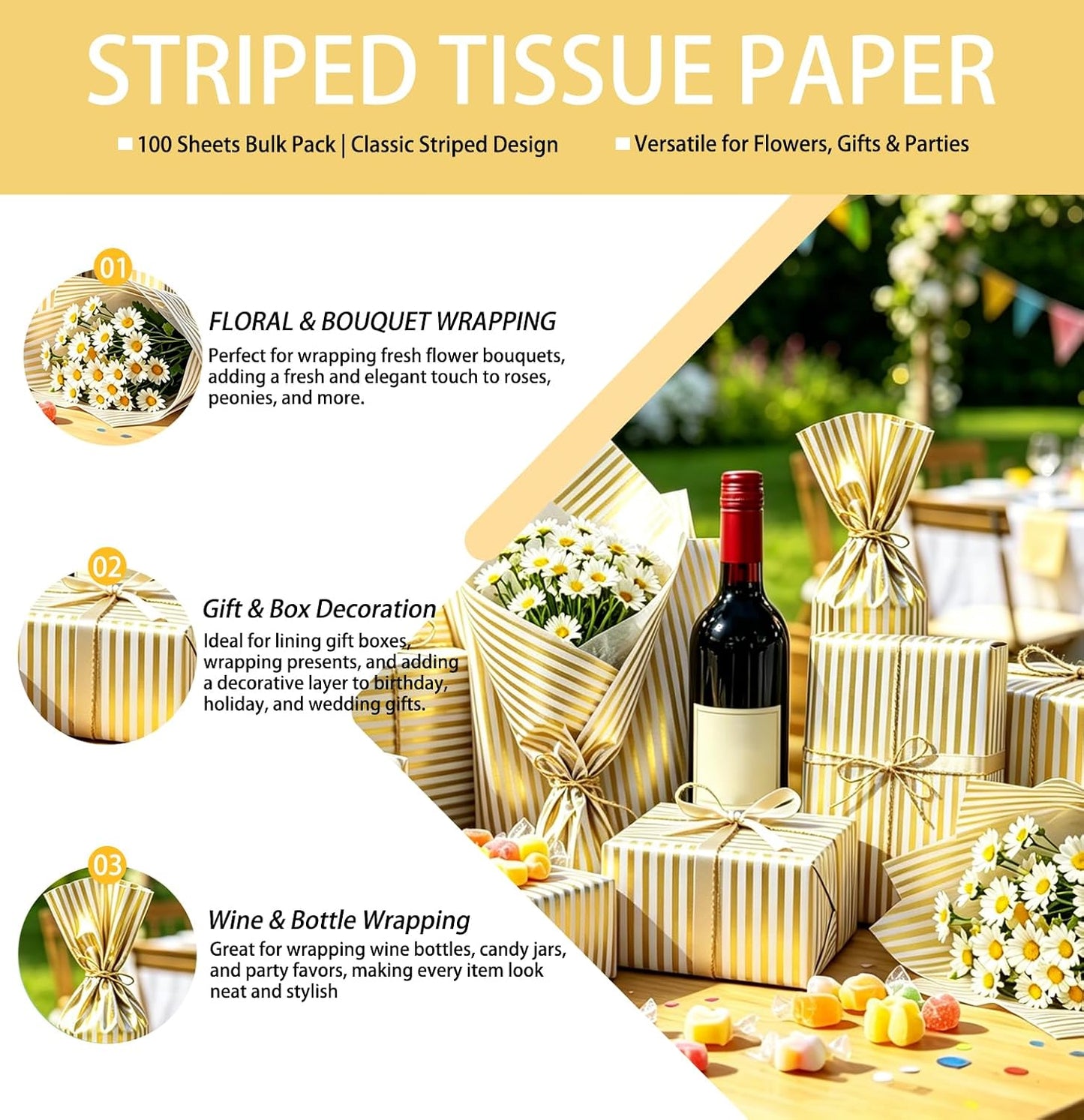 100 Sheets Yellow Striped Tissue Paper 14 x 20 Inches Yellow and White Striped Gift Wrapping Tissue Paper for Gift Bags Wedding Birthday Party Packaging Crafts