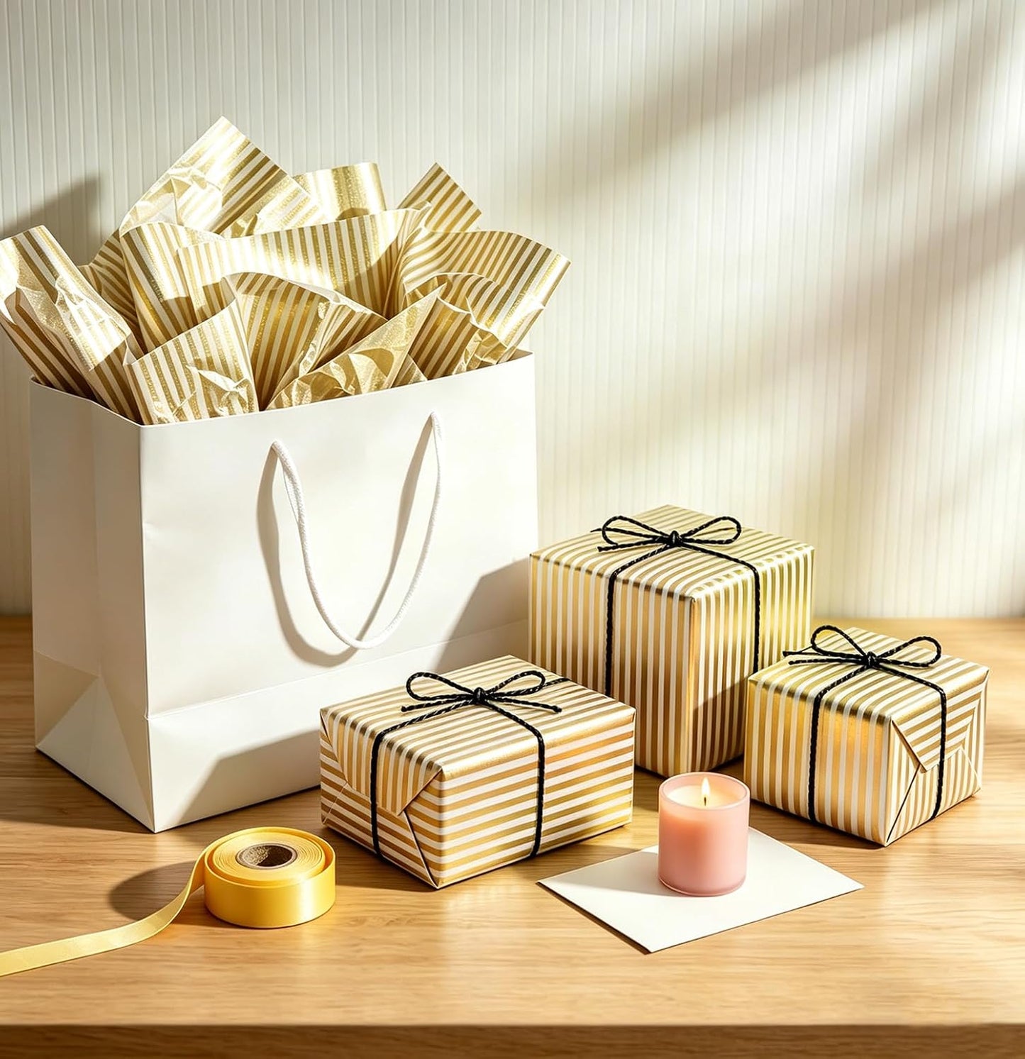 100 Sheets Yellow Striped Tissue Paper 14 x 20 Inches Yellow and White Striped Gift Wrapping Tissue Paper for Gift Bags Wedding Birthday Party Packaging Crafts