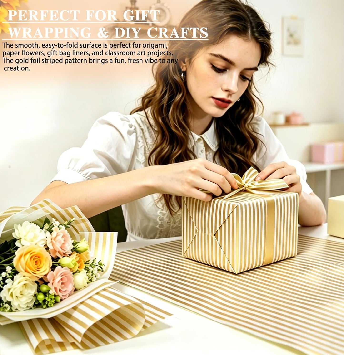 100 Sheets Yellow Striped Tissue Paper 14 x 20 Inches Yellow and White Striped Gift Wrapping Tissue Paper for Gift Bags Wedding Birthday Party Packaging Crafts