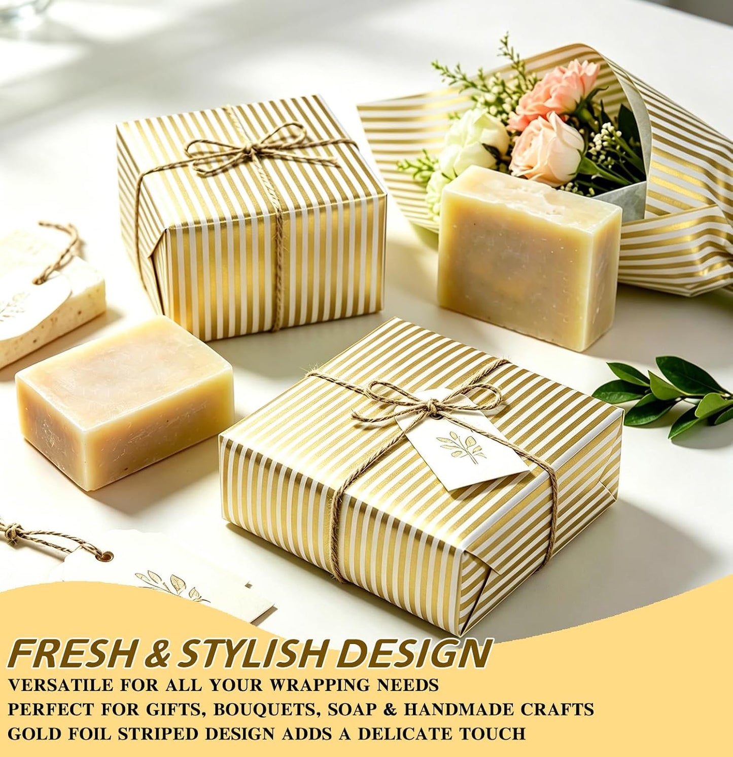 100 Sheets Yellow Striped Tissue Paper 14 x 20 Inches Yellow and White Striped Gift Wrapping Tissue Paper for Gift Bags Wedding Birthday Party Packaging Crafts