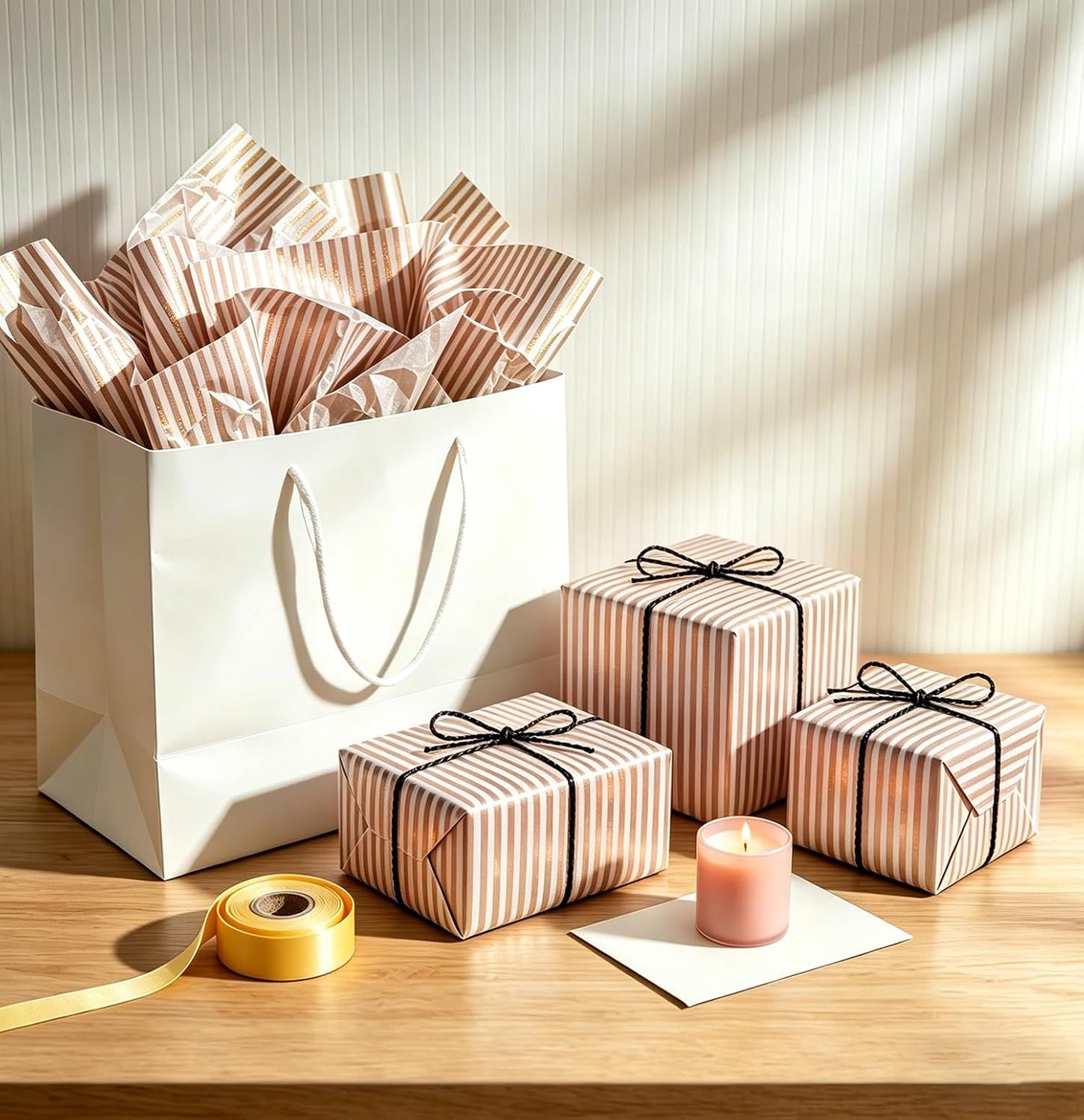100 Sheets Yellow Striped Tissue Paper 14 x 20 Inches Yellow and White Striped Gift Wrapping Tissue Paper for Gift Bags Wedding Birthday Party Packaging Crafts