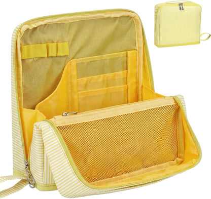 Striped Standing Makeup Bag Fold Down Organizer,Yellow | Waterproof Polyester Cosmetic Bag with Compartments for Travel, Standing Upright for Easy Access and Organized Storage