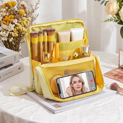 Striped Standing Makeup Bag Fold Down Organizer,Yellow | Waterproof Polyester Cosmetic Bag with Compartments for Travel, Standing Upright for Easy Access and Organized Storage