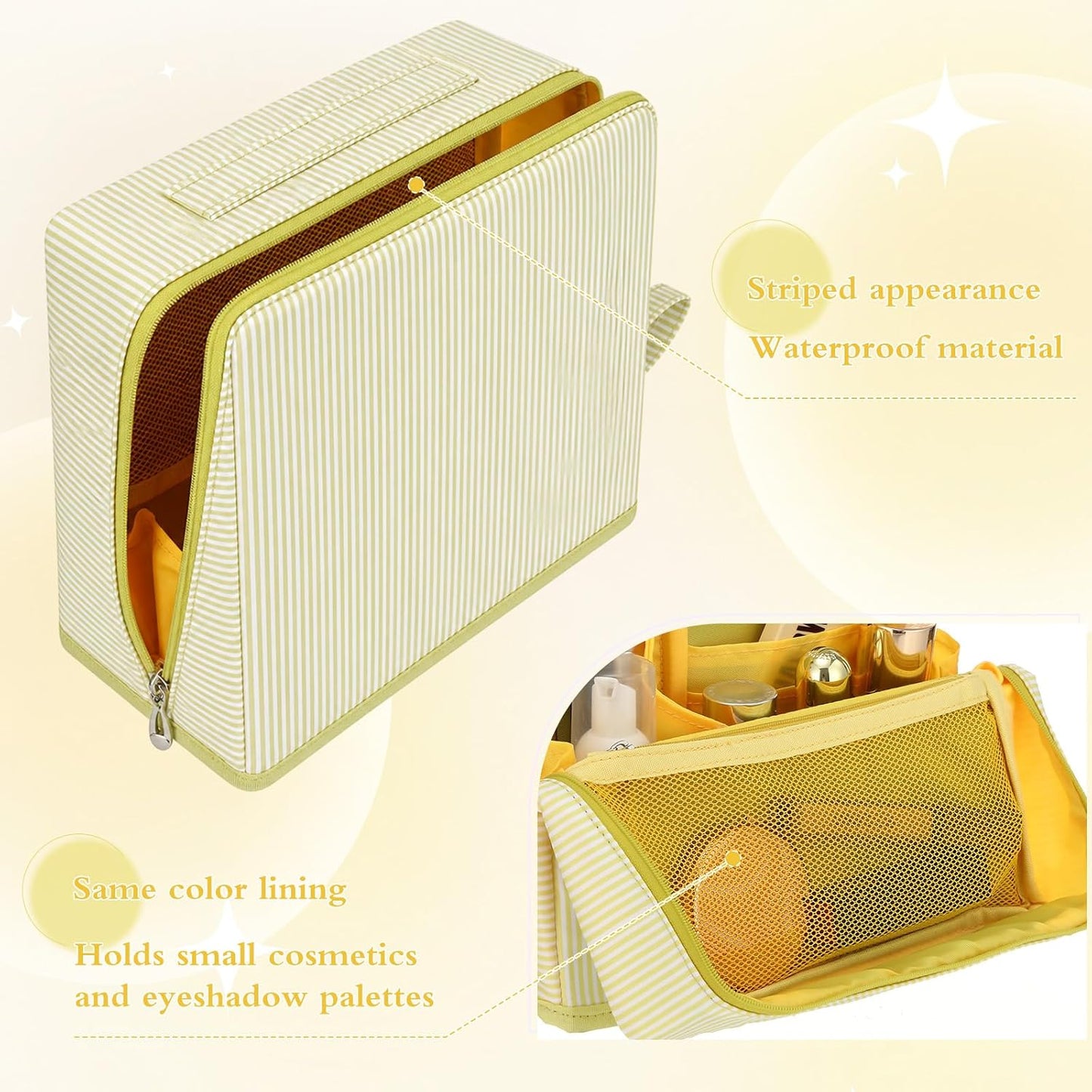 Striped Standing Makeup Bag Fold Down Organizer,Yellow | Waterproof Polyester Cosmetic Bag with Compartments for Travel, Standing Upright for Easy Access and Organized Storage