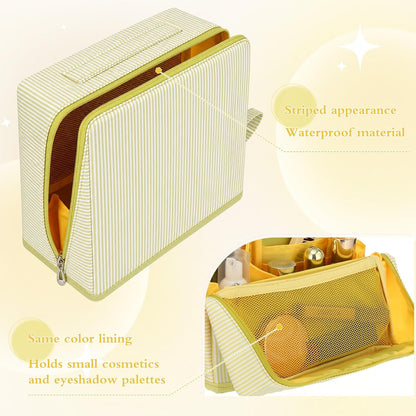 Striped Standing Makeup Bag Fold Down Organizer,Yellow | Waterproof Polyester Cosmetic Bag with Compartments for Travel, Standing Upright for Easy Access and Organized Storage