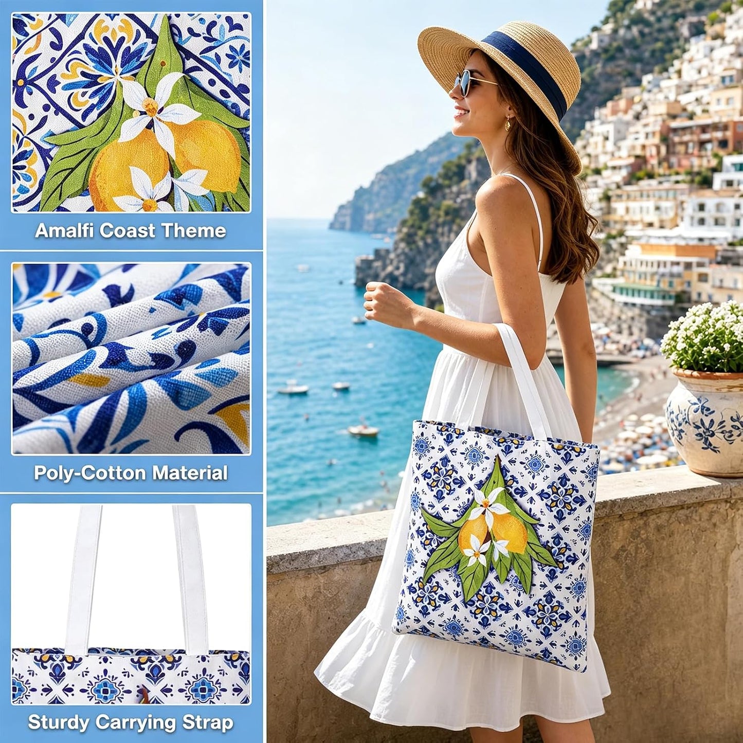 6 Pack Amalfi Coast Style Canvas Lemon Tote Bag, Lemon Bag Italian Gifts Party Favors, Aesthetic Travel Beach Summer Bags for Women