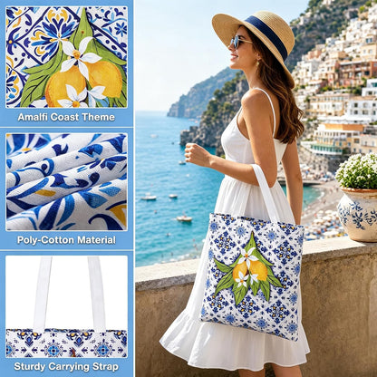 6 Pack Amalfi Coast Style Canvas Lemon Tote Bag, Lemon Bag Italian Gifts Party Favors, Aesthetic Travel Beach Summer Bags for Women