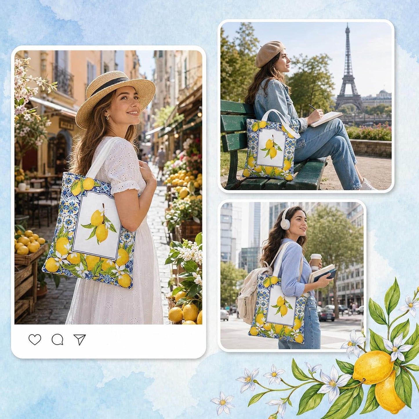 6 Pack Amalfi Coast Style Canvas Lemon Tote Bag, Lemon Bag Italian Gifts Party Favors, Aesthetic Travel Beach Summer Bags for Women