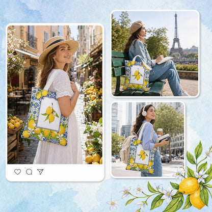 6 Pack Amalfi Coast Style Canvas Lemon Tote Bag, Lemon Bag Italian Gifts Party Favors, Aesthetic Travel Beach Summer Bags for Women