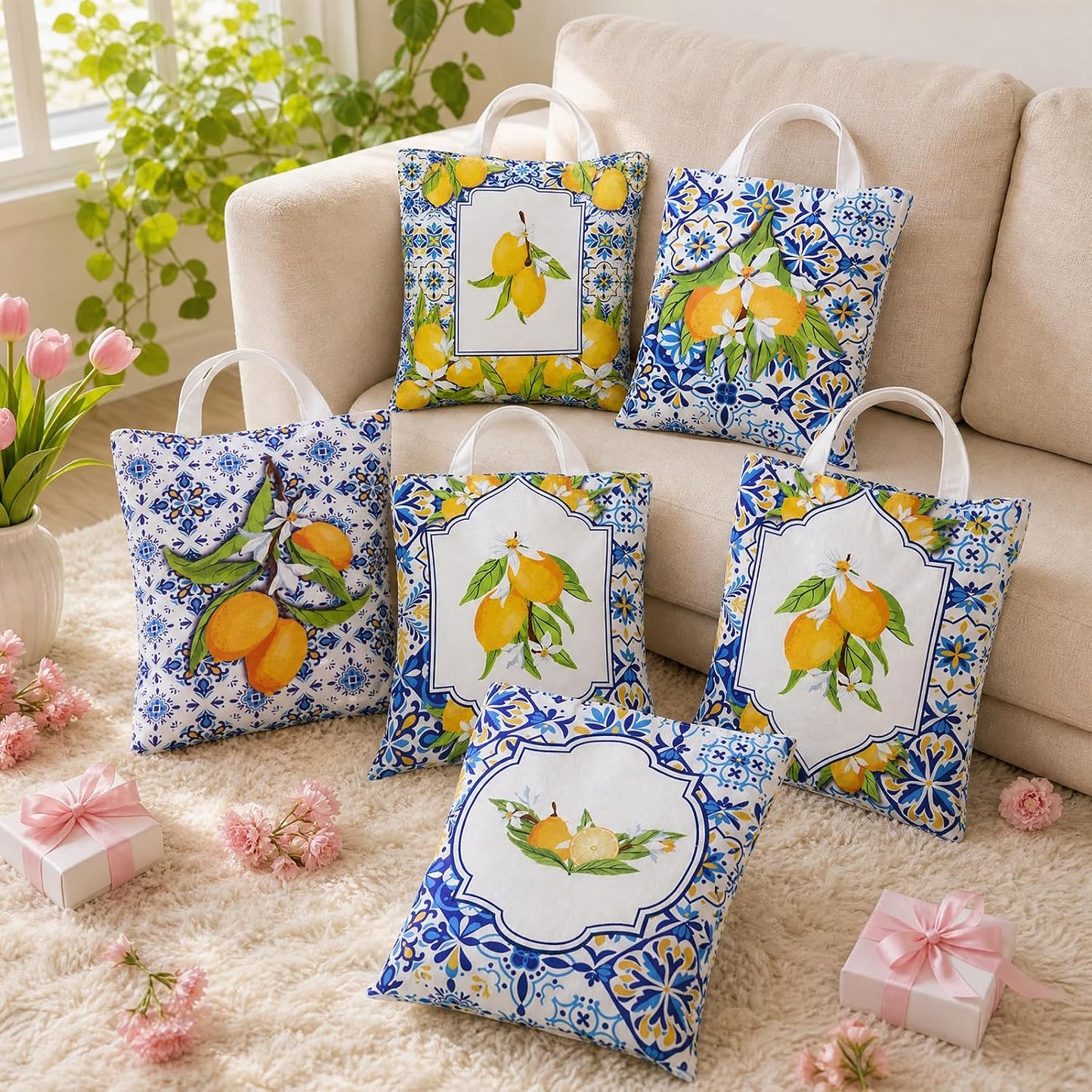 6 Pack Amalfi Coast Style Canvas Lemon Tote Bag, Lemon Bag Italian Gifts Party Favors, Aesthetic Travel Beach Summer Bags for Women