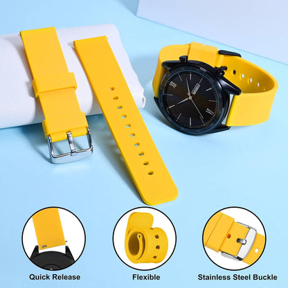 WOCCI 20mm Silicone Watch Band, Quick Release Rubber Replacement Strap with Silver Stainless Steel Buckle (Yellow)