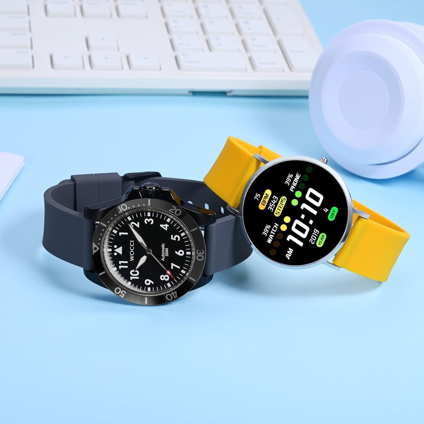 WOCCI 20mm Silicone Watch Band, Quick Release Rubber Replacement Strap with Silver Stainless Steel Buckle (Yellow)