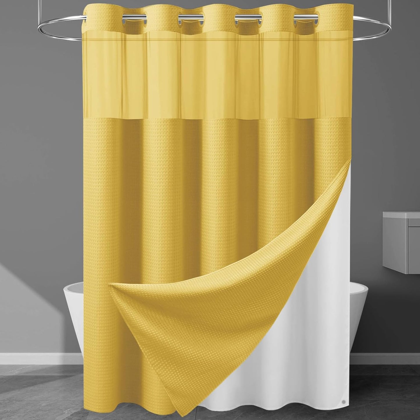 256GSM Heavyweight No Hook Shower Curtain with Snap in Liner,Waffle Weave Shower Curtains for Bathroom,71W x 74H,Yellow