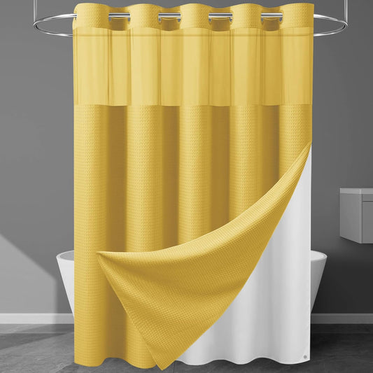 256GSM Heavyweight No Hook Shower Curtain with Snap in Liner,Waffle Weave Shower Curtains for Bathroom,71W x 74H,Yellow