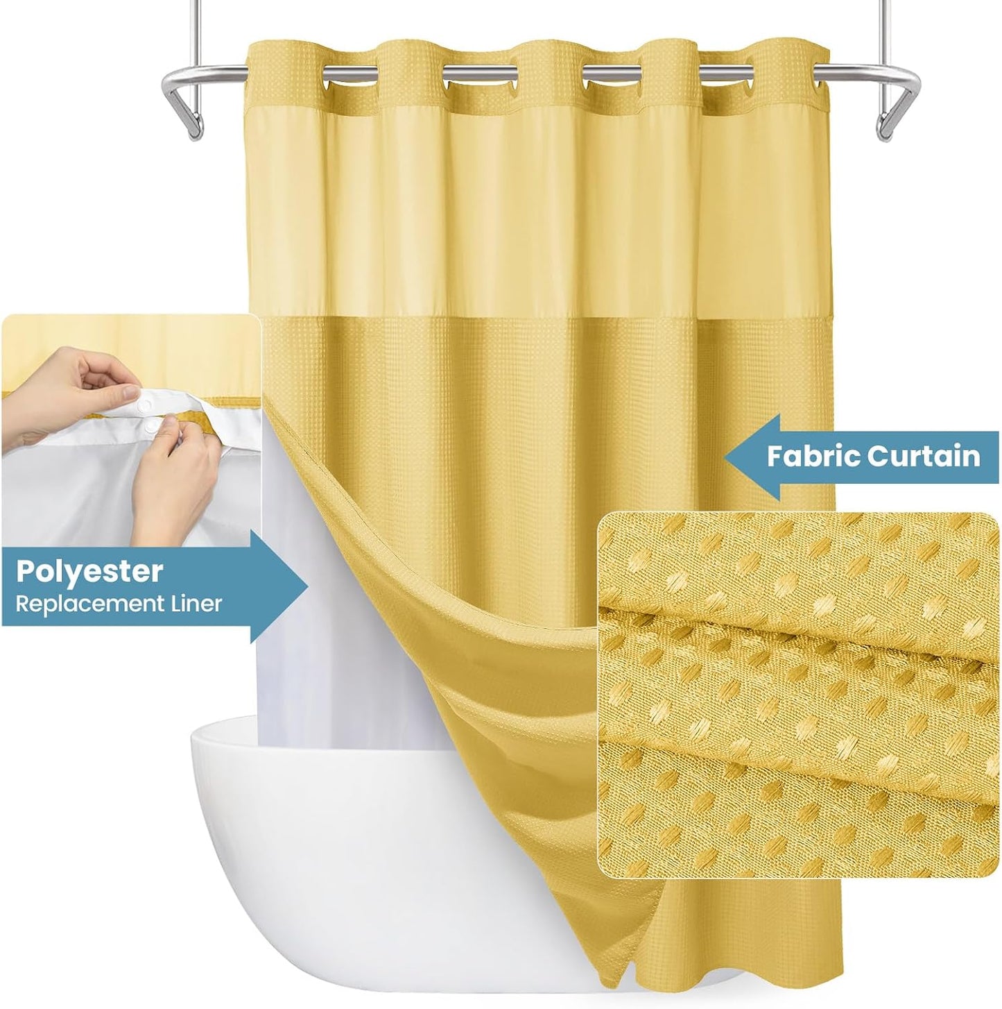 256GSM Heavyweight No Hook Shower Curtain with Snap in Liner,Waffle Weave Shower Curtains for Bathroom,71W x 74H,Yellow
