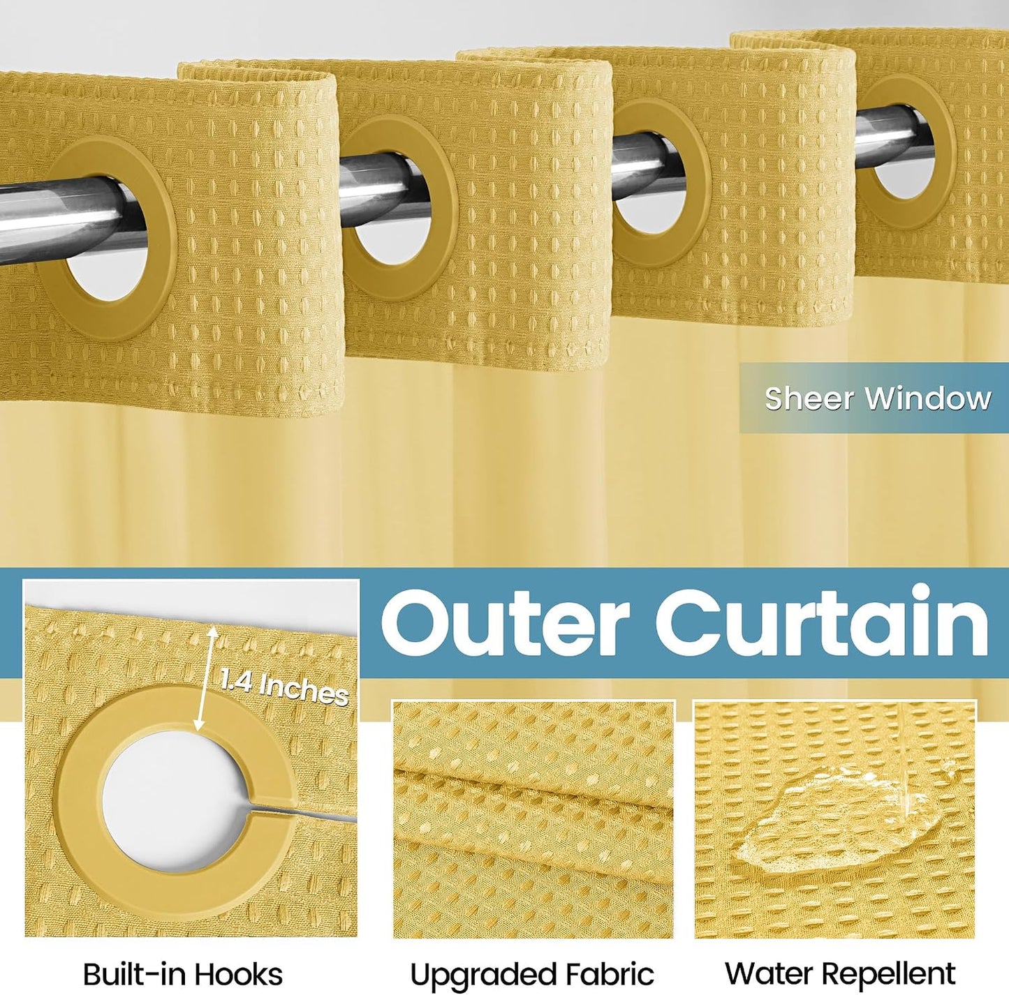 256GSM Heavyweight No Hook Shower Curtain with Snap in Liner,Waffle Weave Shower Curtains for Bathroom,71W x 74H,Yellow