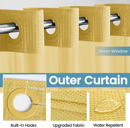256GSM Heavyweight No Hook Shower Curtain with Snap in Liner,Waffle Weave Shower Curtains for Bathroom,71W x 74H,Yellow