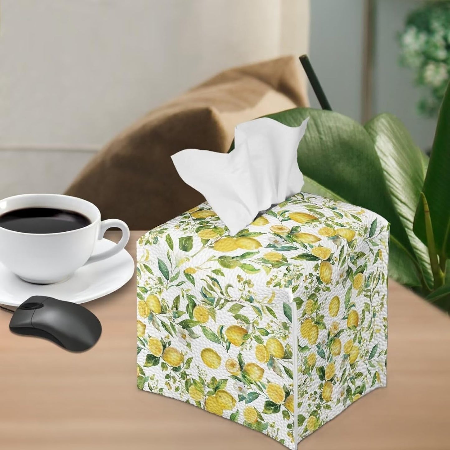 Lemon Floral Print Tissue Box Cover Square Tissue Box Holder with Bottom Belt, Foldable Napkin Facial Tissue Holder Dispenser Home Car Decor Facial Paper Organizer