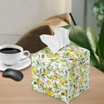 Lemon Floral Print Tissue Box Cover Square Tissue Box Holder with Bottom Belt, Foldable Napkin Facial Tissue Holder Dispenser Home Car Decor Facial Paper Organizer