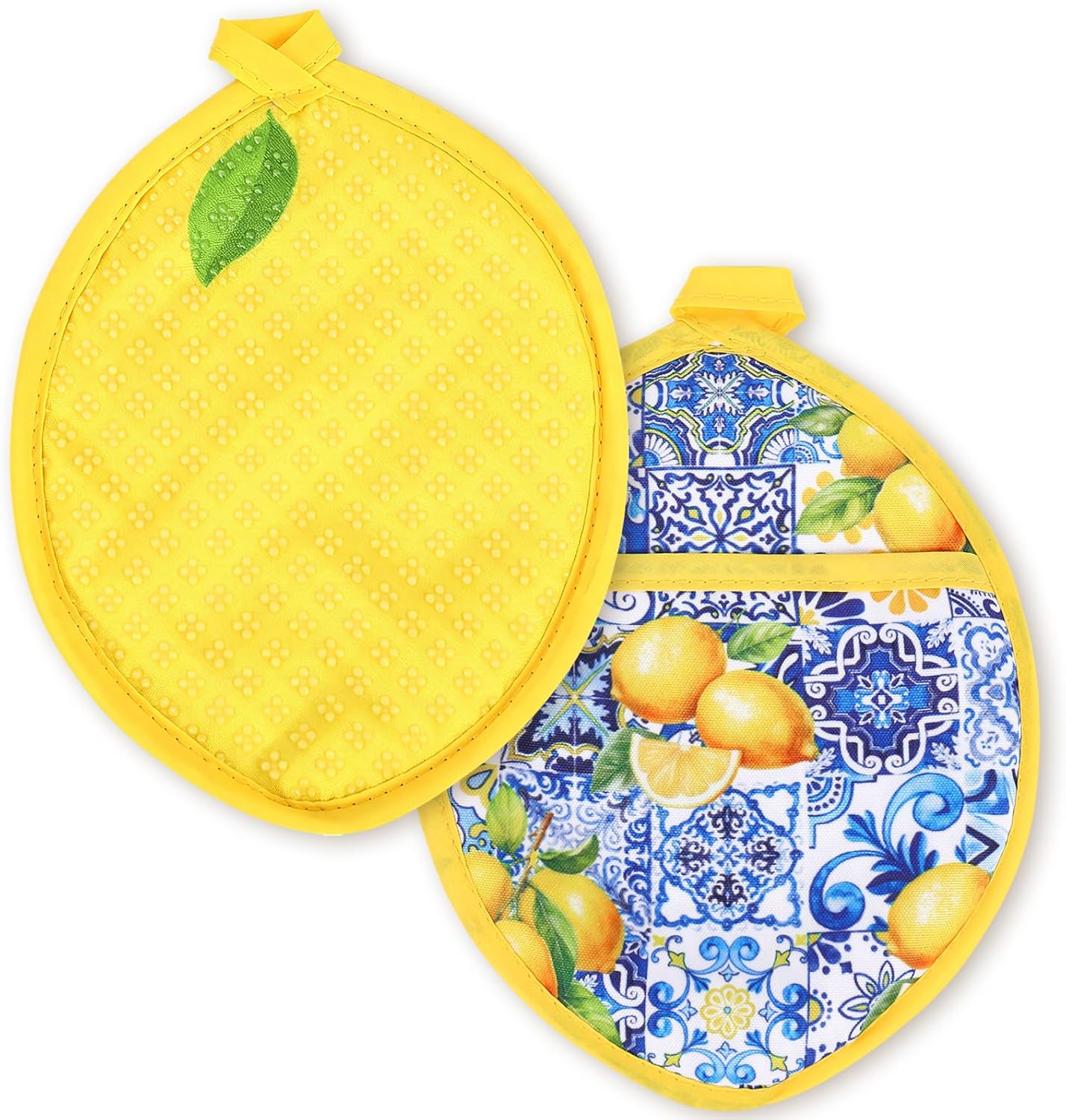 2Pcs Yellow Lemon Pot Holders Heat Resistant Cotton Hot Pad Non-Slip Potholder Oven Mitt Blue Porcelain Floral Trivet Mat for Kitchen Cooking Baking, 7" x 9"