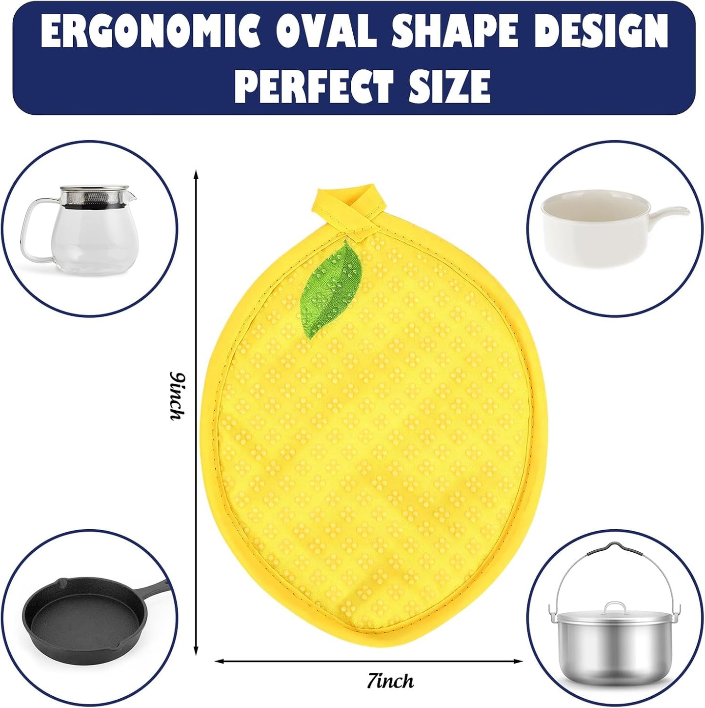 2Pcs Yellow Lemon Pot Holders Heat Resistant Cotton Hot Pad Non-Slip Potholder Oven Mitt Blue Porcelain Floral Trivet Mat for Kitchen Cooking Baking, 7" x 9"