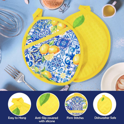 2Pcs Yellow Lemon Pot Holders Heat Resistant Cotton Hot Pad Non-Slip Potholder Oven Mitt Blue Porcelain Floral Trivet Mat for Kitchen Cooking Baking, 7" x 9"