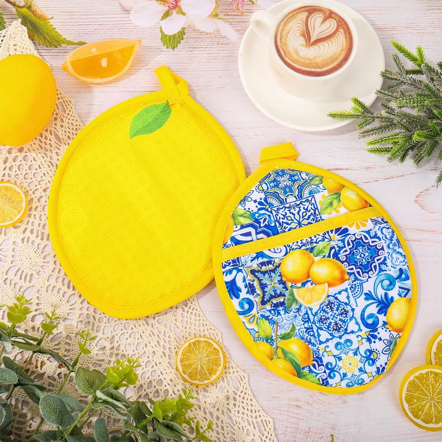 2Pcs Yellow Lemon Pot Holders Heat Resistant Cotton Hot Pad Non-Slip Potholder Oven Mitt Blue Porcelain Floral Trivet Mat for Kitchen Cooking Baking, 7" x 9"