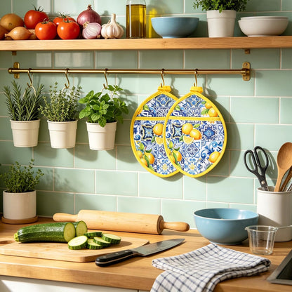 2Pcs Yellow Lemon Pot Holders Heat Resistant Cotton Hot Pad Non-Slip Potholder Oven Mitt Blue Porcelain Floral Trivet Mat for Kitchen Cooking Baking, 7" x 9"