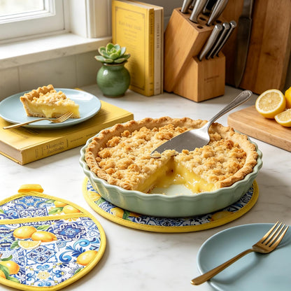 2Pcs Yellow Lemon Pot Holders Heat Resistant Cotton Hot Pad Non-Slip Potholder Oven Mitt Blue Porcelain Floral Trivet Mat for Kitchen Cooking Baking, 7" x 9"