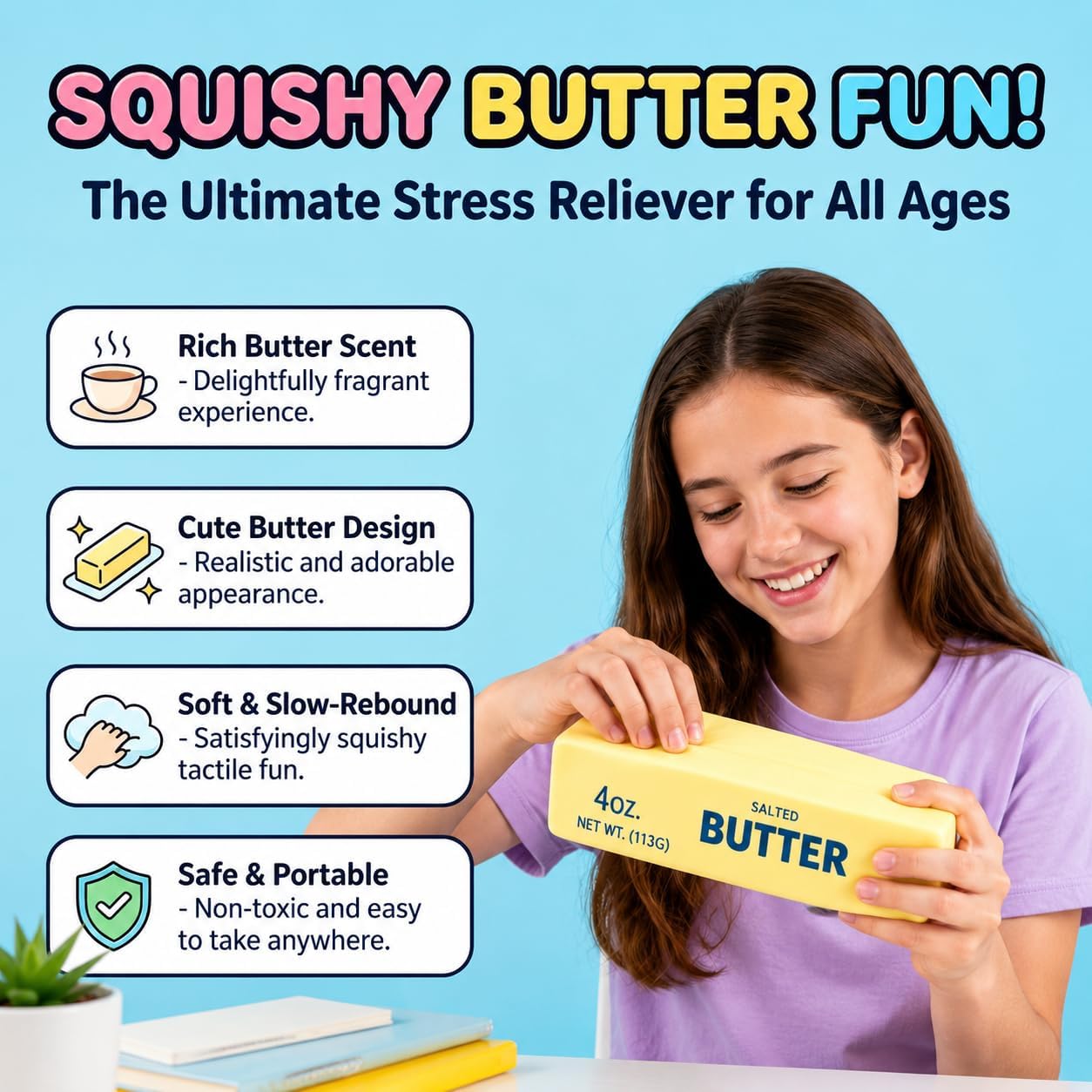 2PCS Slow Rising Butter Squishy Fidget Toys, Jumbo Butter Squishy Set, Yellow & Multicolor, Great Gift Idea