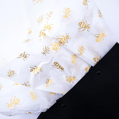 30 Sheets White Metallic Gold Bee Tissue Paper, 20" x 28", Gold Bee Design for Gift Bags & Parties