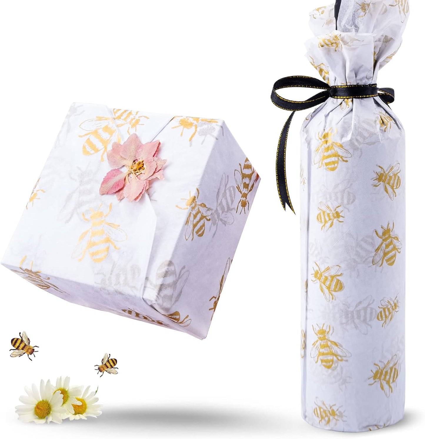 30 Sheets White Metallic Gold Bee Tissue Paper, 20" x 28", Gold Bee Design for Gift Bags & Parties