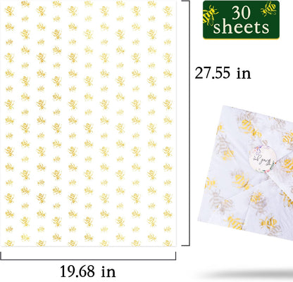30 Sheets White Metallic Gold Bee Tissue Paper, 20" x 28", Gold Bee Design for Gift Bags & Parties