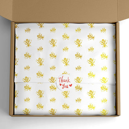 30 Sheets White Metallic Gold Bee Tissue Paper, 20" x 28", Gold Bee Design for Gift Bags & Parties