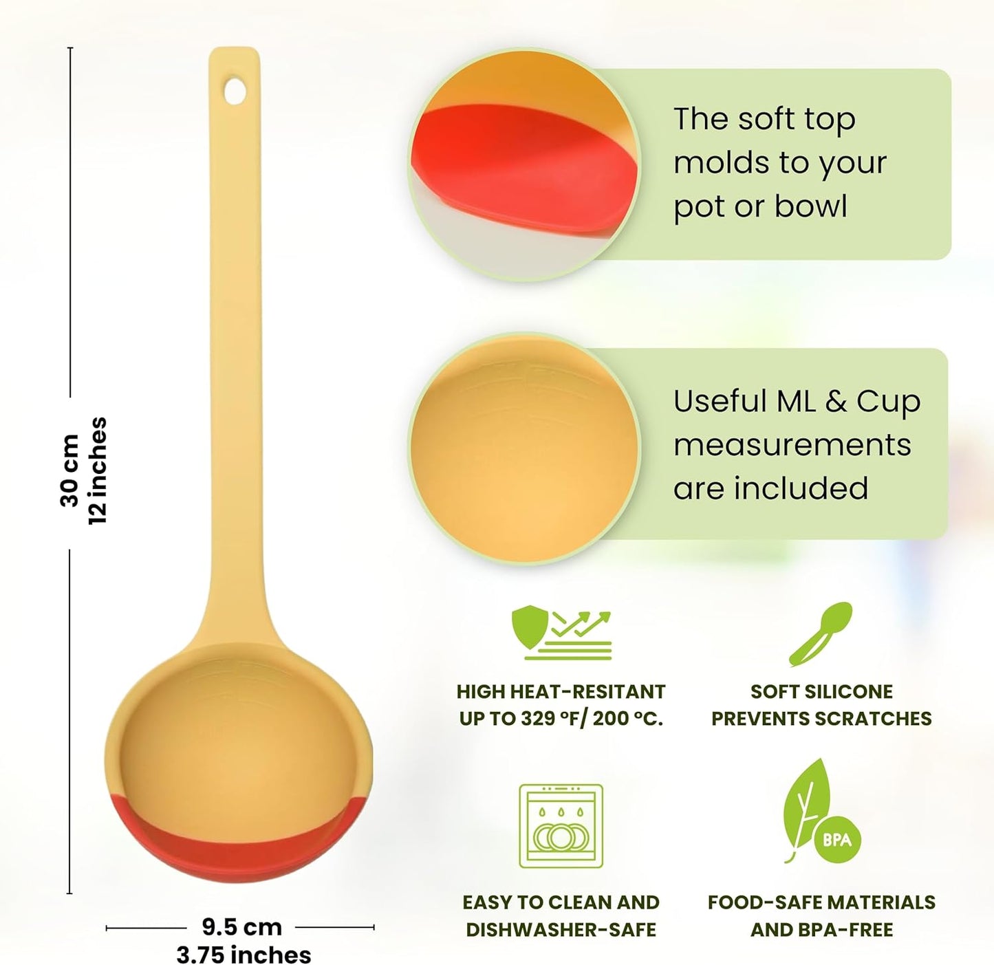 Silicone Spoon - Colorful Silicone Spatula Ladle with a Soft Top to Mold to your Pots & Pans. (Red/Yellow)