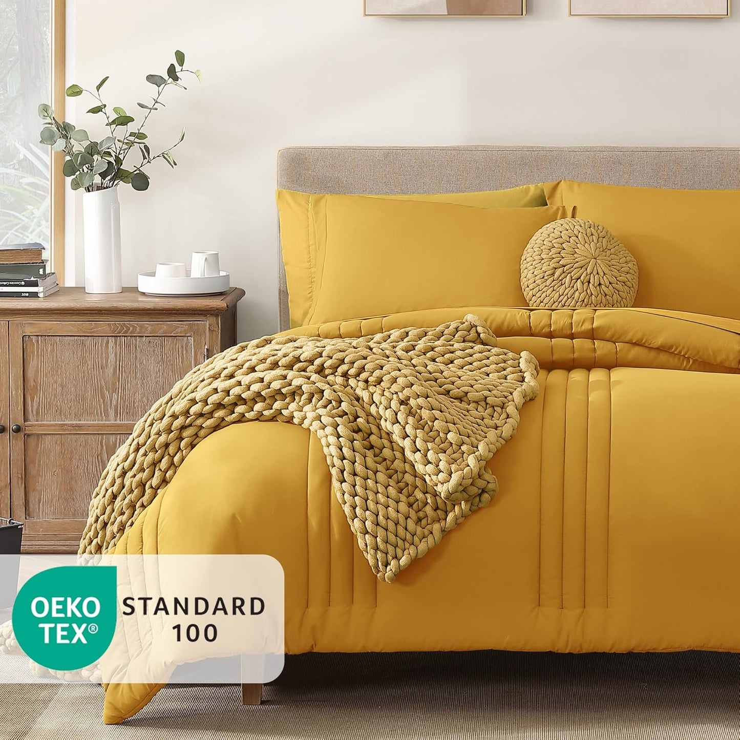 Queen Comforter Set - 7 Pieces Bright Yellow Bed in a Bag Queen Bedding Sets with Comforters, All Seasons Comforter Bed Set with Sheets,Pillowcases & Shams
