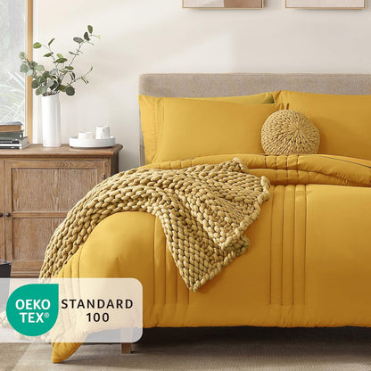 Queen Comforter Set - 7 Pieces Bright Yellow Bed in a Bag Queen Bedding Sets with Comforters, All Seasons Comforter Bed Set with Sheets,Pillowcases & Shams