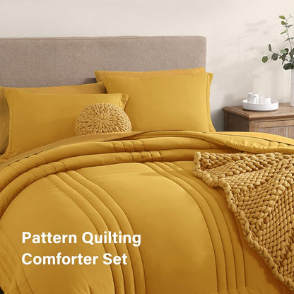 Queen Comforter Set - 7 Pieces Bright Yellow Bed in a Bag Queen Bedding Sets with Comforters, All Seasons Comforter Bed Set with Sheets,Pillowcases & Shams