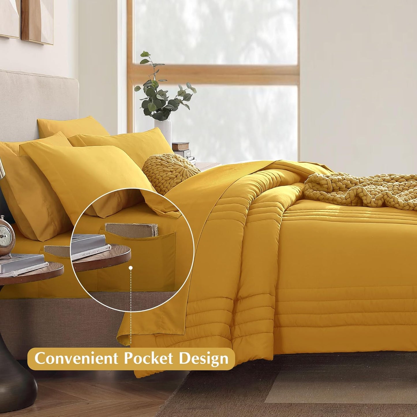 Queen Comforter Set - 7 Pieces Bright Yellow Bed in a Bag Queen Bedding Sets with Comforters, All Seasons Comforter Bed Set with Sheets,Pillowcases & Shams