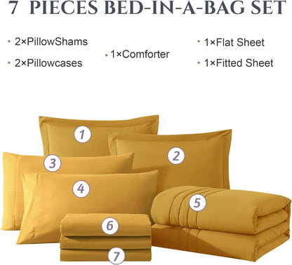 Queen Comforter Set - 7 Pieces Bright Yellow Bed in a Bag Queen Bedding Sets with Comforters, All Seasons Comforter Bed Set with Sheets,Pillowcases & Shams